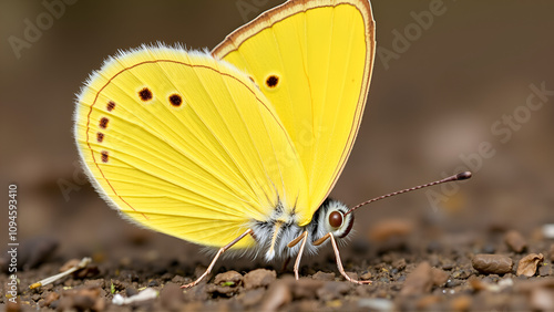 Closeup on a European Clouded Yellow Postillion butterfly, Colias croceus with closedwings resting on the ground photo