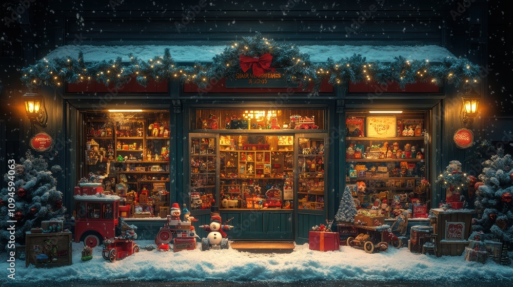 Fototapeta premium Christmas toy store window display with wooden toys and snowy decor