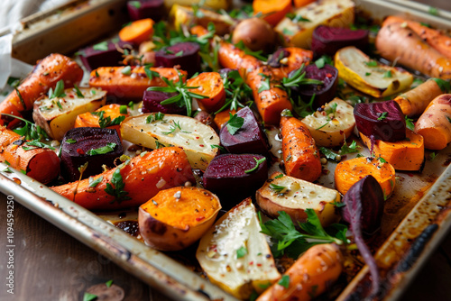 A tray of oven-roasted root vegetables, including carrots, parsnips, and beets, seasoned with fragrant herbs and spices.