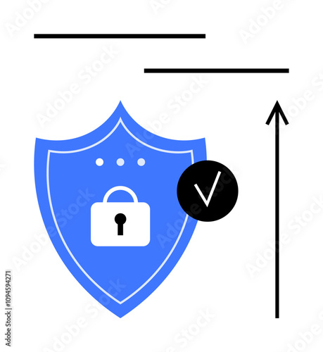 Blue shield with lock and tick mark symbolizes security privacy, protection, and safety. Black arrow represents progress, change, and direction. Ideal for digital security, encryption, safety