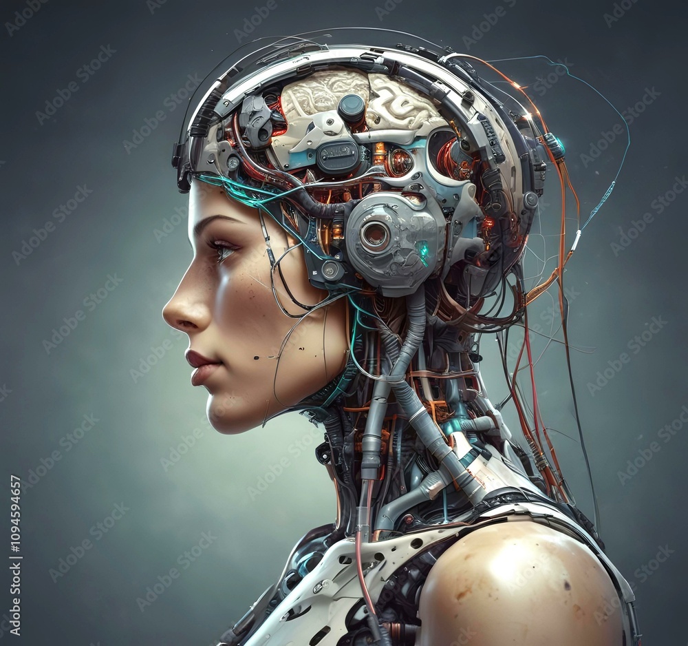 Technology illustration of cyborg with brain connections. Technology illustration of cyborg with brain connections.