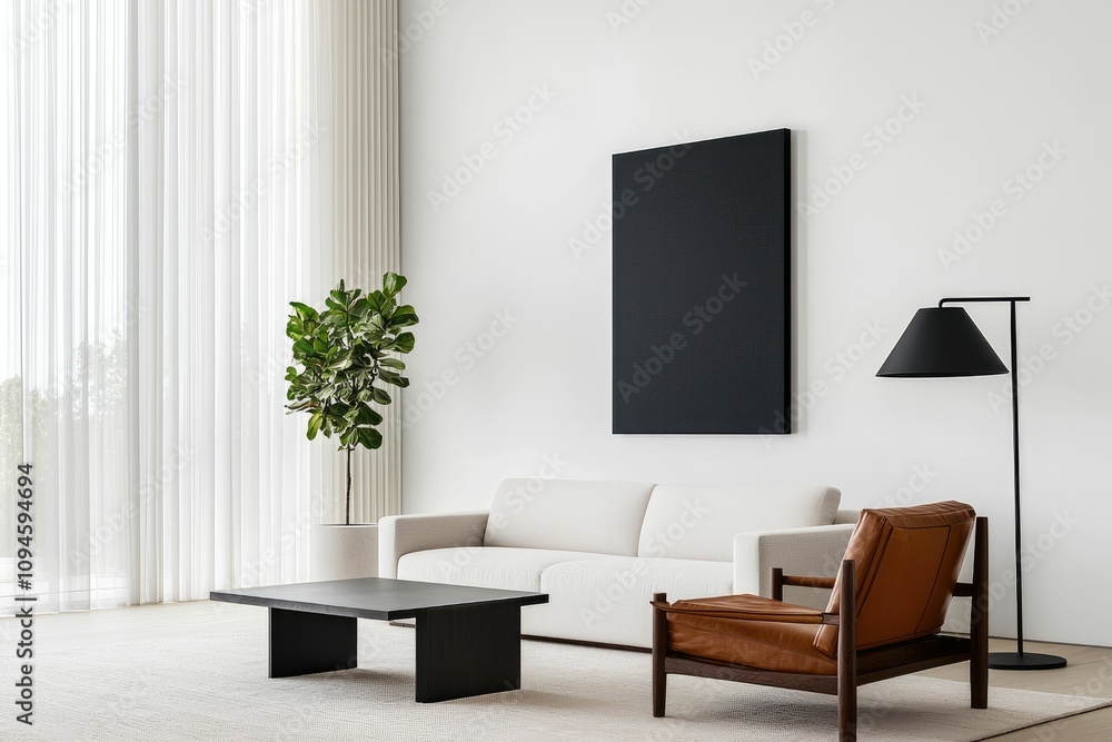 Fototapeta premium Minimalist living room interior with off-white sofa, leather armchair, coffee table, floor lamp, and fiddle leaf fig plant.