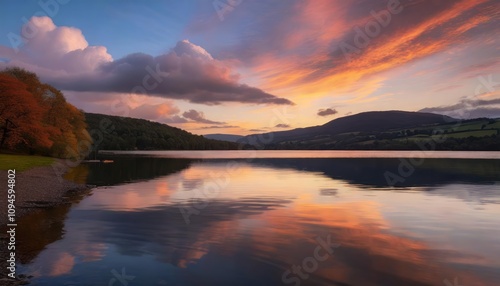 A breathtaking image of a vibrant sunset casting a golden glow over a serene lake, with colorful reflections shimmering on the waters surface, capturing natures tranquil beauty and wonder.