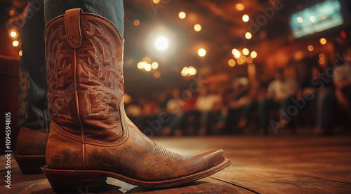 Close-up of cowboy boots on a stage, with a wooden floor in the background of a country bar. The audience is blurred in the distance, and the lighting is cinematic with warm tones. photo