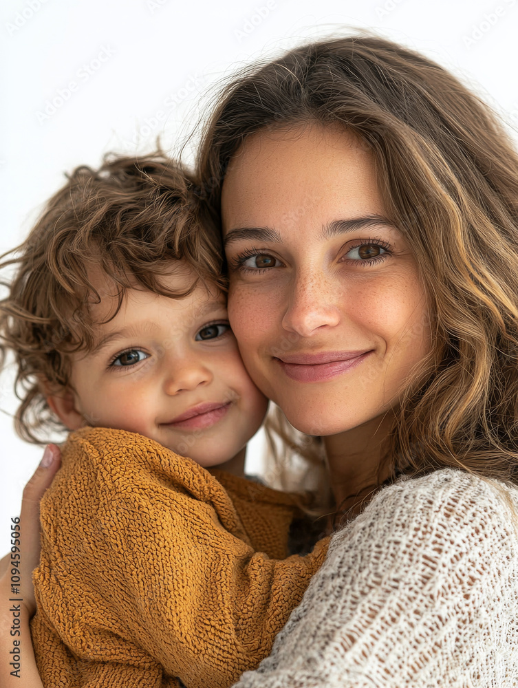 Cheerful mother hugging child, celebrating love and connection. Happy and emotional moment captured in half body shot, isolated on white background, showcasing their joyful bond Cheerful mother hugging child, celebrating love and connection. Happy and emotional moment captured in half body shot, isolated on white background, showcasing their joyful bond