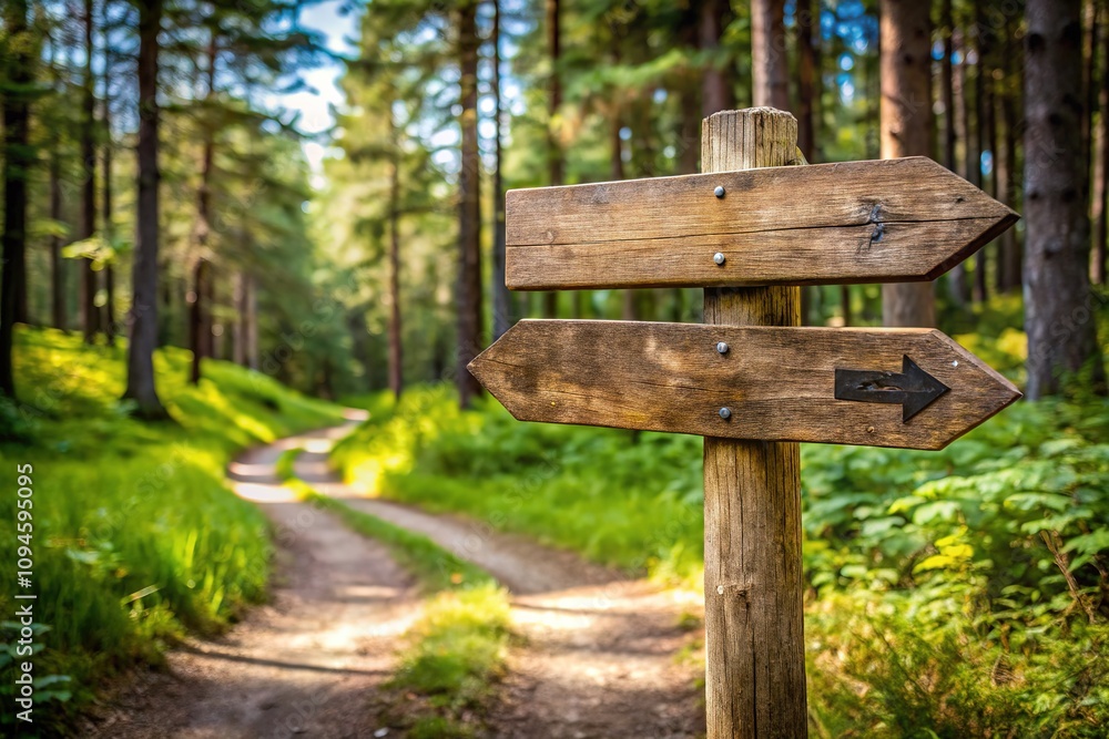 A pair of aged wooden arrow signs on a signpost stand by a forest trail, indicating left and right directions, guiding wanderers through nature's path. A pair of aged wooden arrow signs on a signpost stand by a forest trail, indicating left and right directions, guiding wanderers through nature's path.