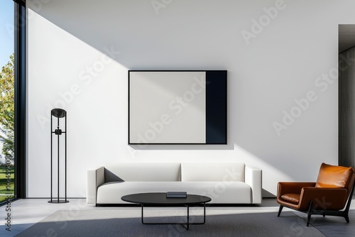 Modern minimalist living room interior with beige sofa, armchair, coffee table, floor lamp, and large artwork on a white wall.