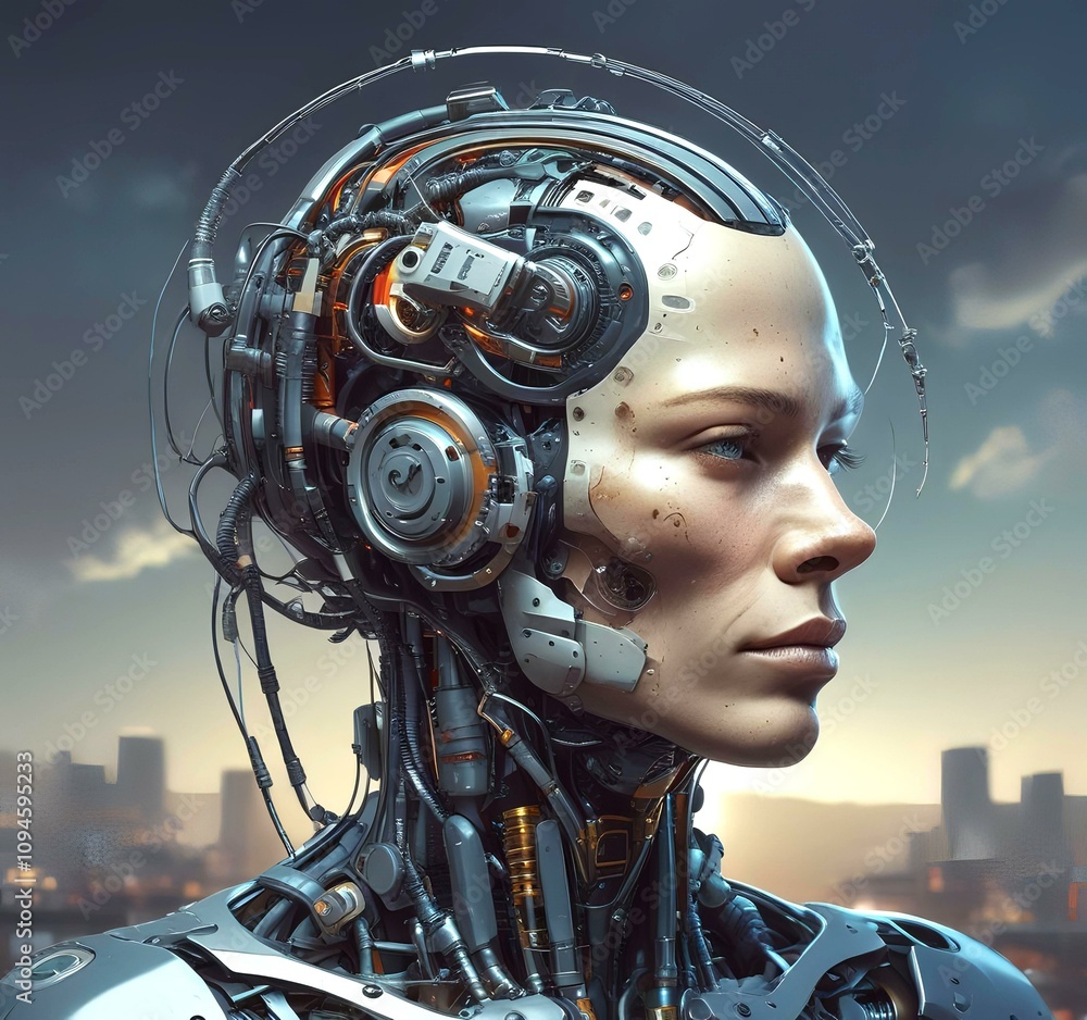 Technology illustration of cyborg with brain connections. Technology illustration of cyborg with brain connections.
