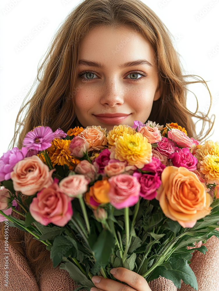 Cheerful woman holding vibrant bouquet of flowers, expressing appreciation and joy. Perfect for Mother Day, this half body shot captures her happiness against white background Cheerful woman holding vibrant bouquet of flowers, expressing appreciation and joy. Perfect for Mother Day, this half body shot captures her happiness against white background