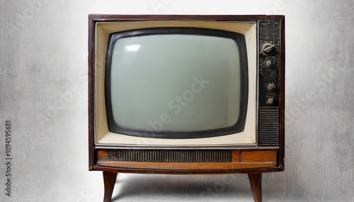 An old vintage retro TV television set with a blank screen isolated on a white background, showcasing timeless classic design and nostalgic aesthetic from a bygone era. Perfect for decor