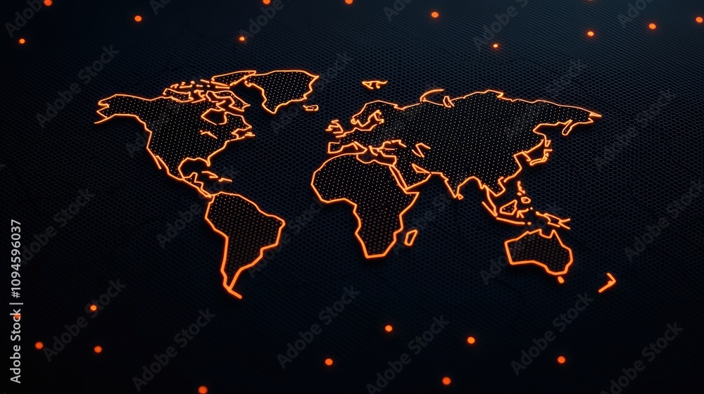Naklejka premium Glowing orange world map on dark textured background with small lights.