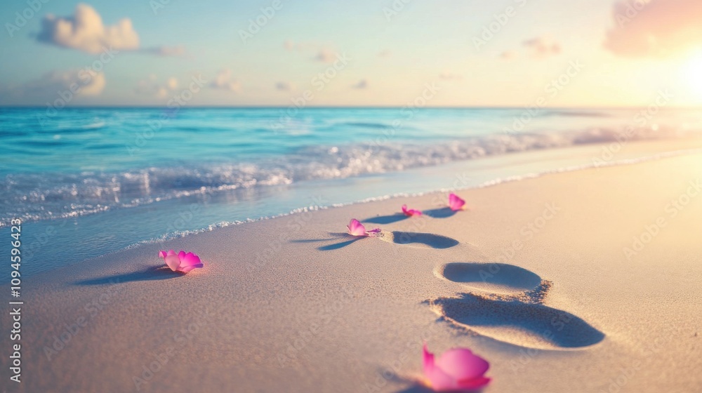 Footprints and pink flower petals leading into tropical ocean at sunset.