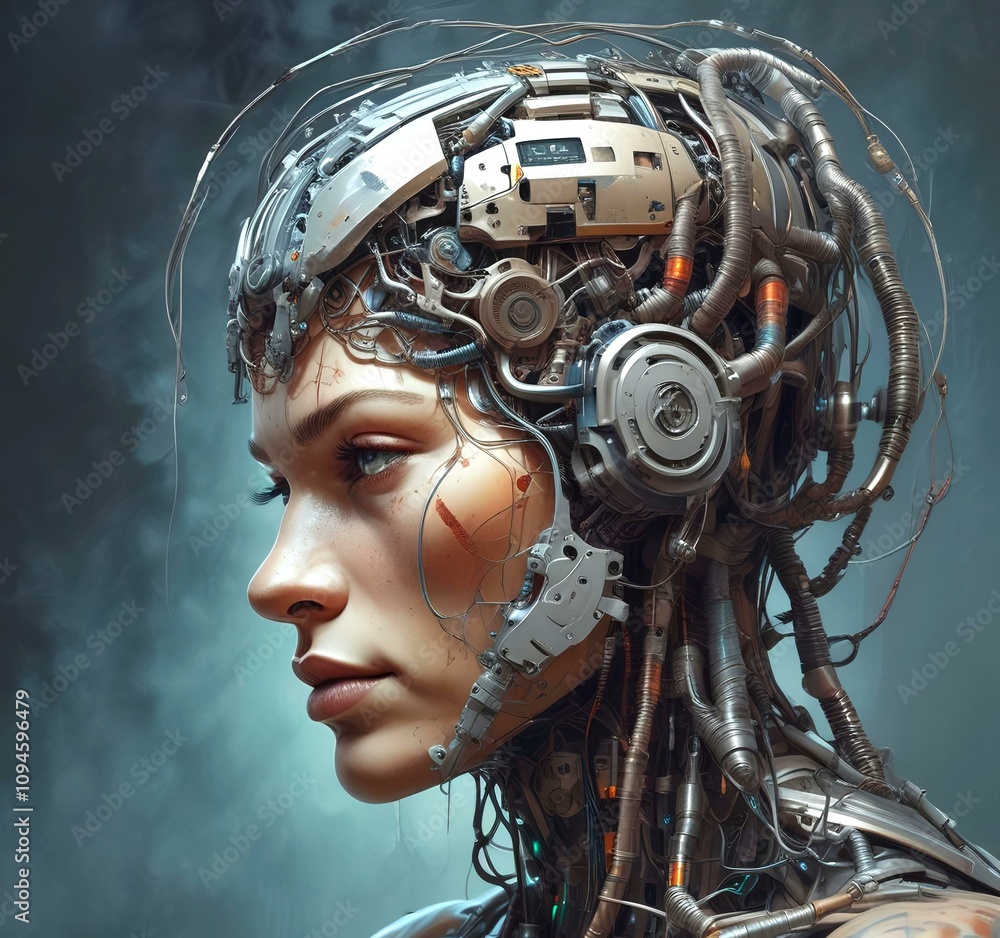 Technology illustration of cyborg with brain connections. Technology illustration of cyborg with brain connections.