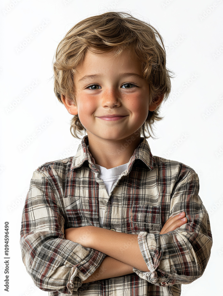 Happy boy with arms folded, confident stance, ideal for educational slides, isolated on white background, upper body fully visible, no cropping, half body shot, centered