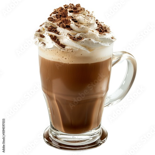 Steaming mocha coffee topped with whipped cream and chocolate sprinkles, served in an elegant glass mug