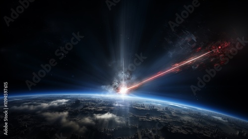 laser light interacting with particles in a futuristic scene space on the left side, Hard Light,generative ai illustration