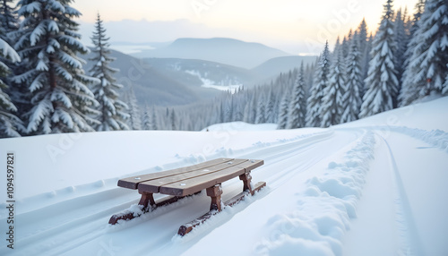 Wallpaper Mural Wooden sled on a snowy slope with a scenic view of mountains and trees during winter sunrise Torontodigital.ca