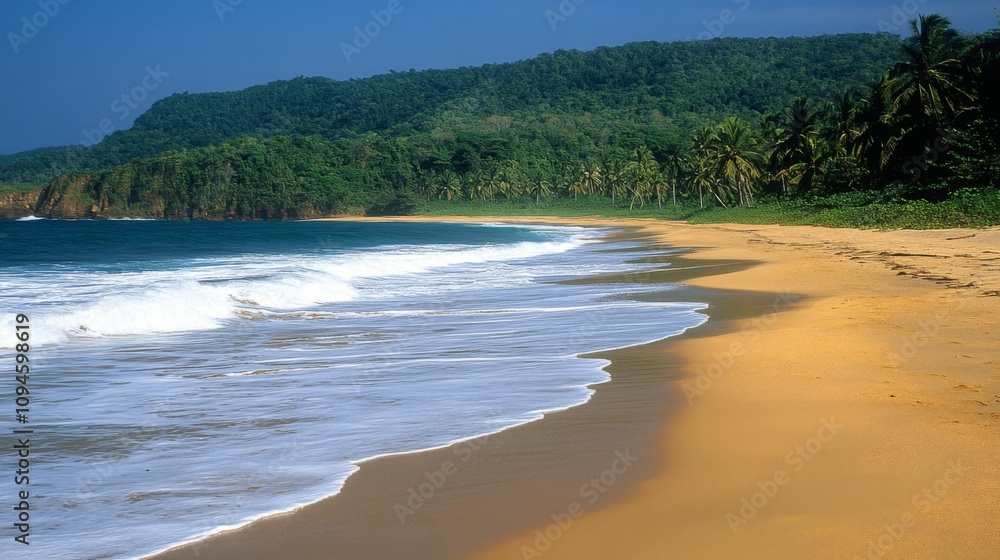 Foamy Waves on a Sandy Beach with Palm Trees and Lush Green Hills in the Background Foamy Waves on a Sandy Beach with Palm Trees and Lush Green Hills in the Background