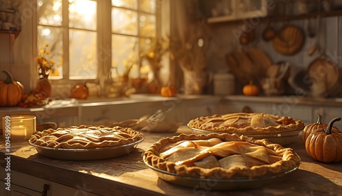 Cozy Kitchen Scene with Freshly Baked Pies Cooling on a Wooden Countertop and Autumn Decorations