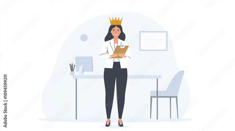 A regal businesswoman standing proudly in an office, wearing a golden queen's crown, holding a clipboard, surrounded by minimalistic decor A regal businesswoman standing proudly in an office, wearing a golden queen's crown, holding a clipboard, surrounded by minimalistic decor