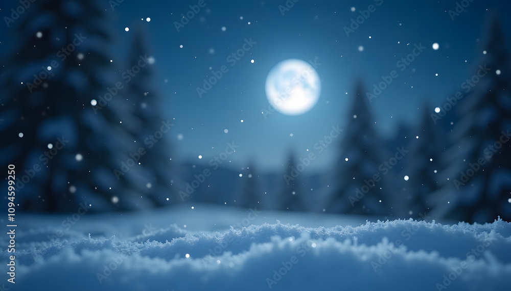 Fototapeta premium Snow-covered landscape with falling snowflakes and full moon shining bright in night sky