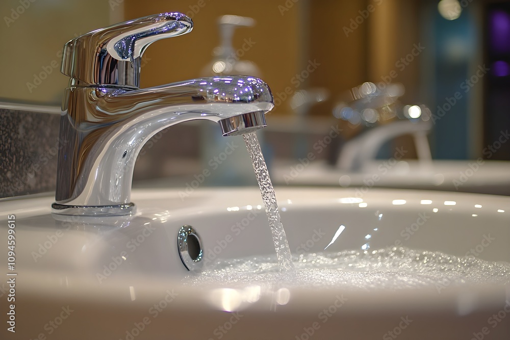 Close-up of a chrome faucet with water flowing into a white sink. Close-up of a chrome faucet with water flowing into a white sink.
