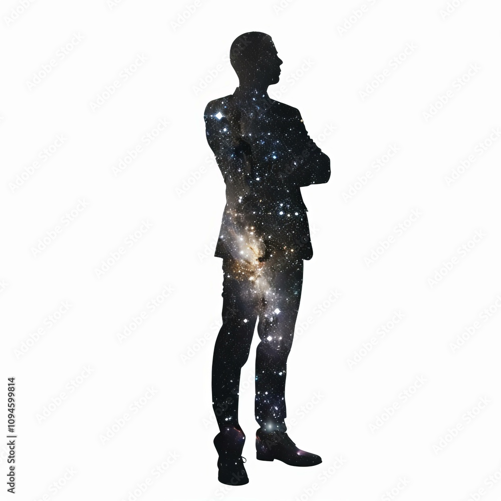 Silhouette of a businessman standing with arms crossed, filled with a starry nebula on a white background Silhouette of a businessman standing with arms crossed, filled with a starry nebula on a white background