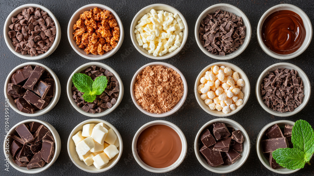 Delight in flat view of various dessert toppings including chocolate shavings, crushed candy, toffee bits, fudge sauce, and fresh mint leaves, perfect for enhancing your sweet creations Delight in flat view of various dessert toppings including chocolate shavings, crushed candy, toffee bits, fudge sauce, and fresh mint leaves, perfect for enhancing your sweet creations