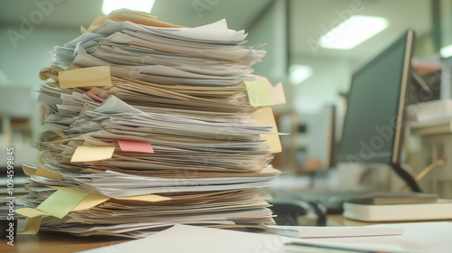 Document Control.a stack of paper documents on a table in the office against the background of a monitor photo