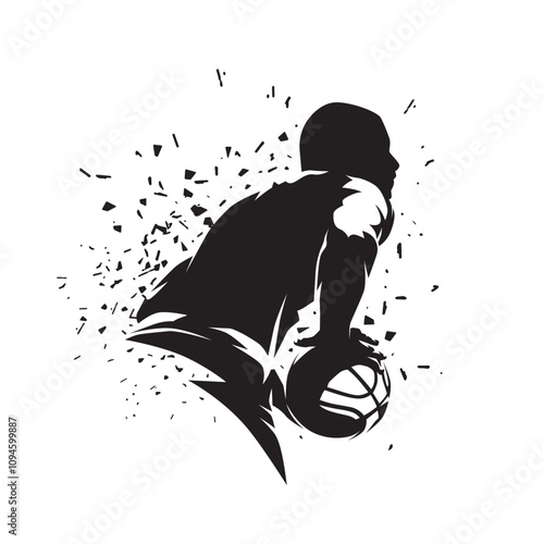 Basketball player with ball, isolated vector silhouette, distorted effect, basketball logo