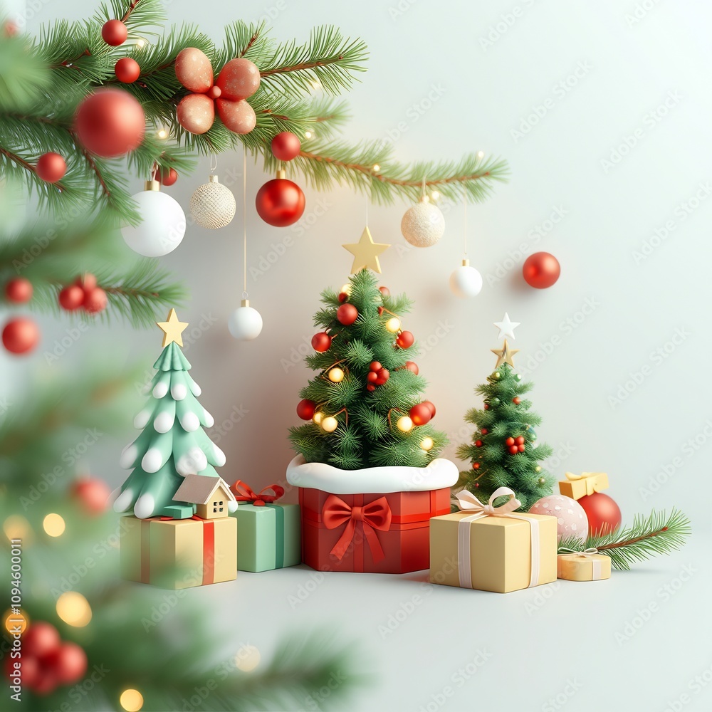 Three Christmas trees with ornaments, lights and presents on a white background. Three Christmas trees with ornaments, lights and presents on a white background.