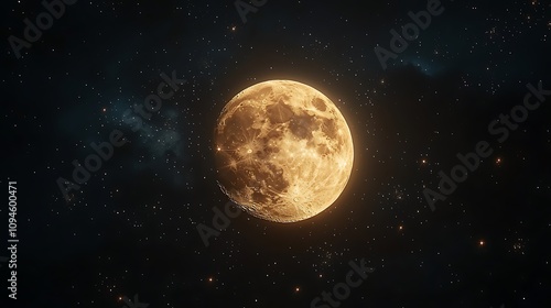 Full golden moon in a starry night sky.