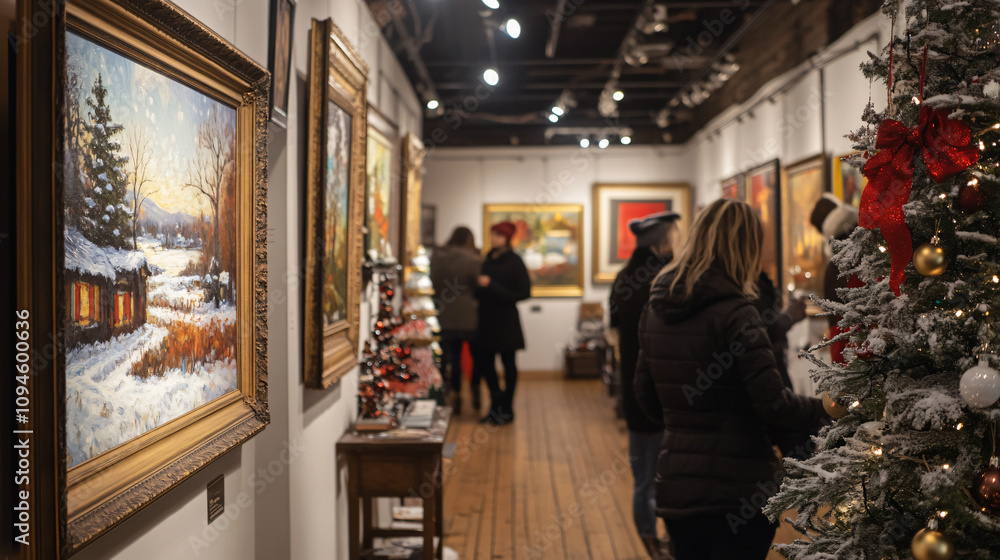 A cozy winter art gallery with patrons admiring paintings and sculptures depicting winter scenes, with soft lighting and holiday music in the background. A cozy winter art gallery with patrons admiring paintings and sculptures depicting winter scenes, with soft lighting and holiday music in the background.