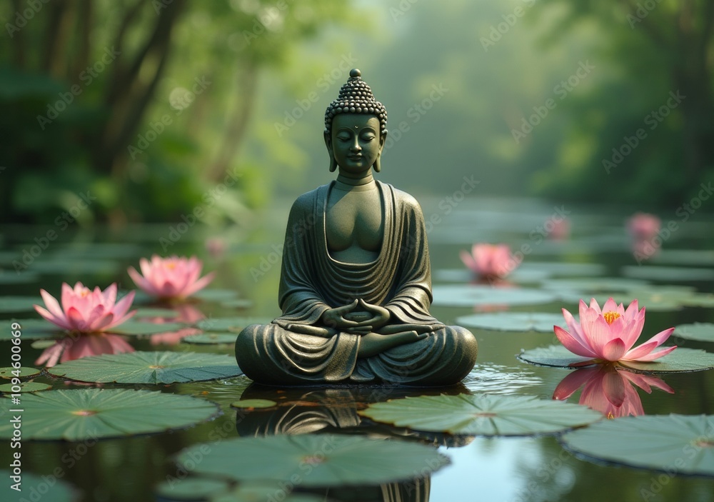 Serene Buddha statue surrounded by lotus flowers in tranquil pond at sunrise Serene Buddha statue surrounded by lotus flowers in tranquil pond at sunrise