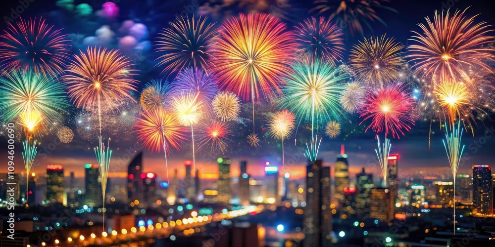 Spectacular Fireworks Over City Skyline at Night - Celebratory Event, Colorful Explosions, Urban Celebration, Nighttime Spectacle, Bright Lights, Party Atmosphere Spectacular Fireworks Over City Skyline at Night - Celebratory Event, Colorful Explosions, Urban Celebration, Nighttime Spectacle, Bright Lights, Party Atmosphere