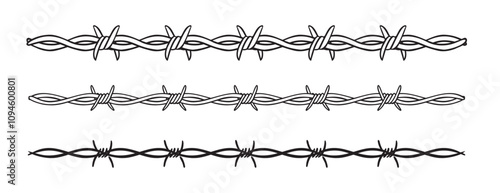 Barbed wire isolated template border. Wire barb fence set. Protection barbed wire silhouette outline clipart