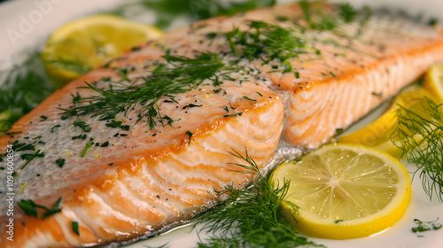 A fresh salmon fish, perfectly plated on a stylish dish, glistening with a lemon glaze, garnished with vibrant herbs.