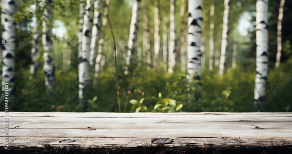 Scenic view of a wooden tabletop in a lush forest with white birch trees in the background during a sunny afternoon Scenic view of a wooden tabletop in a lush forest with white birch trees in the background during a sunny afternoon