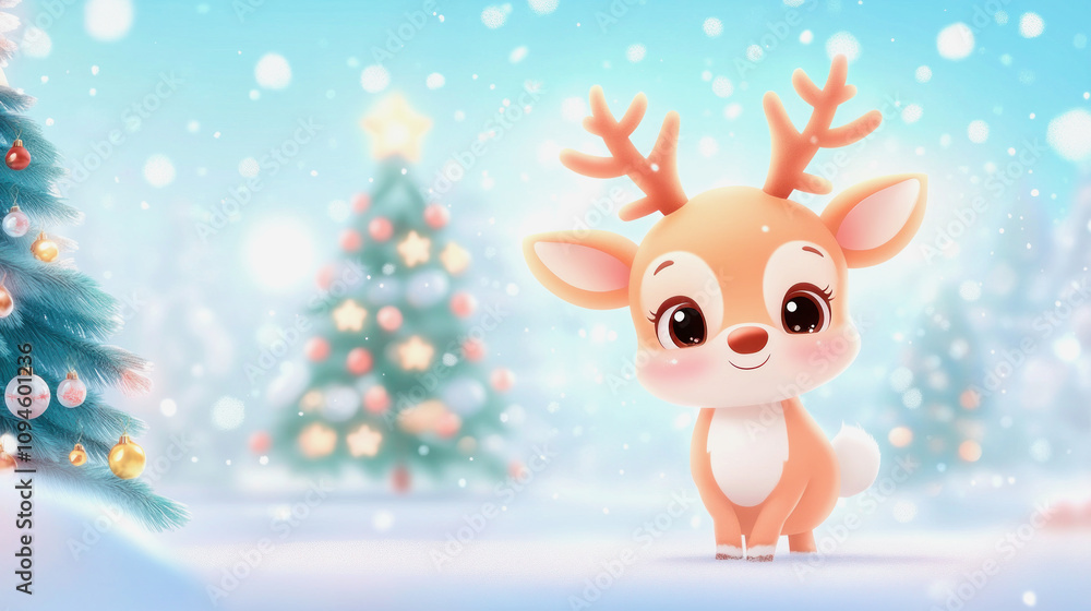 A cheerful reindeer with big eyes stands in a snowy setting. Colorful trees adorned with lights surround the joyful creature, capturing a festive mood. A cheerful reindeer with big eyes stands in a snowy setting. Colorful trees adorned with lights surround the joyful creature, capturing a festive mood.