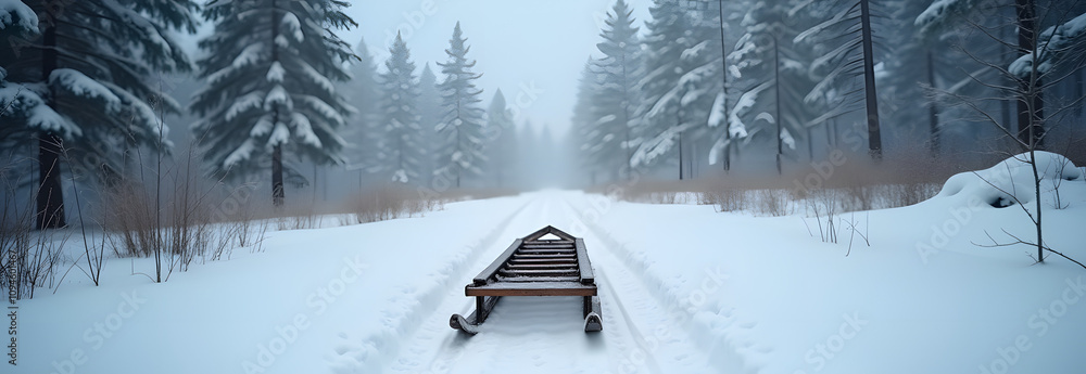 Wooden sled on a snowy path in a foggy forest during winter season
Wooden sled on a snowy path in a foggy forest during winter season