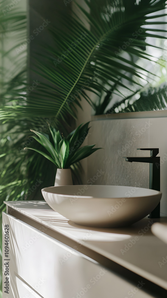 Close up of modern vanity, opulence. Moody jungle. 3D render. Close up of modern vanity, opulence. Moody jungle. 3D render.