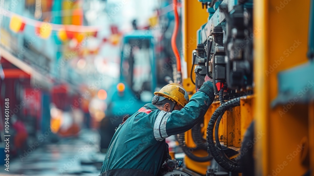 A worker inspecting machinery on an oil rig A worker inspecting machinery on an oil rig