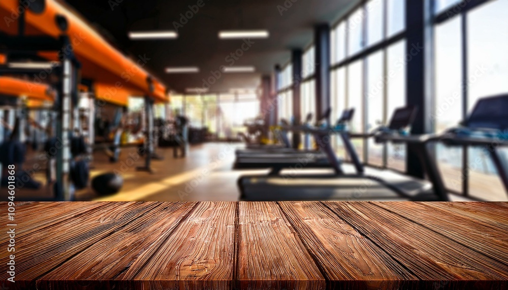 Empty wooden table Sunrise hues bathe a modern gym, highlighting blurred background the sleek treadmills ready for an early morning workout Empty wooden table Sunrise hues bathe a modern gym, highlighting blurred background the sleek treadmills ready for an early morning workout