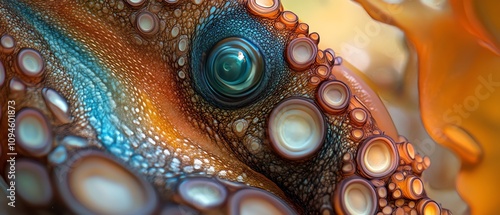 Close-up of an octopus eye and skin texture. Vibrant colors and intricate details showcase the beauty of marine life. photo