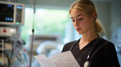 A nurse in black scrubs stands near the bed of an emergency patient, reading their medical history on paper notes. The room is well-lit and equipped with various life support machi photo