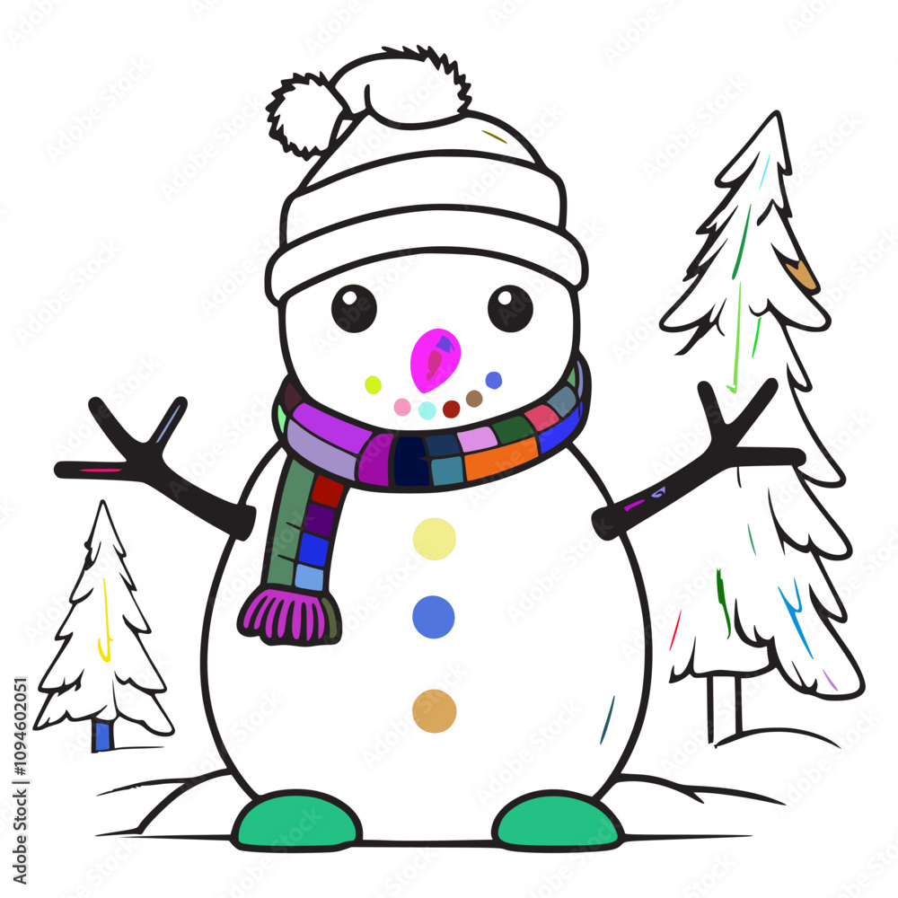 A cartoon snowman is standing in front of two christmas trees. The snowman has a striped scarf around his neck and a hat on his head. A cartoon snowman is standing in front of two christmas trees. The snowman has a striped scarf around his neck and a hat on his head.
