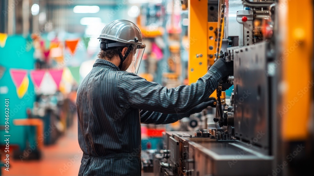 A Worker in a Factory Setting Operates a Large Machine A Worker in a Factory Setting Operates a Large Machine