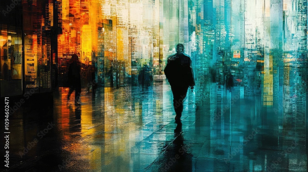 Silhouettes of people walking on a city street with blurred reflections. Silhouettes of people walking on a city street with blurred reflections.