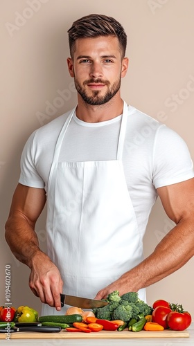 Handsome Chef Preparing Fresh Vegetables in Modern Kitchen with White Apron and Casual Attire