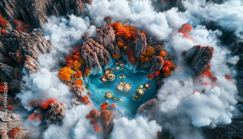 Aerial view of a hidden oasis nestled within a misty mountain valley.  Vibrant autumn colors contrast with a tranquil blue lake. Surreal and magical landscape. photo